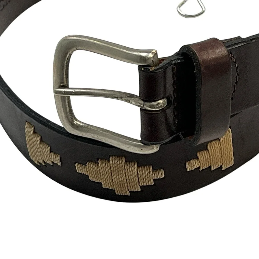 J Crew Belt Brown Leather‎ Stitched Aztec Southwestern Cowgirl Rodeo Size 30